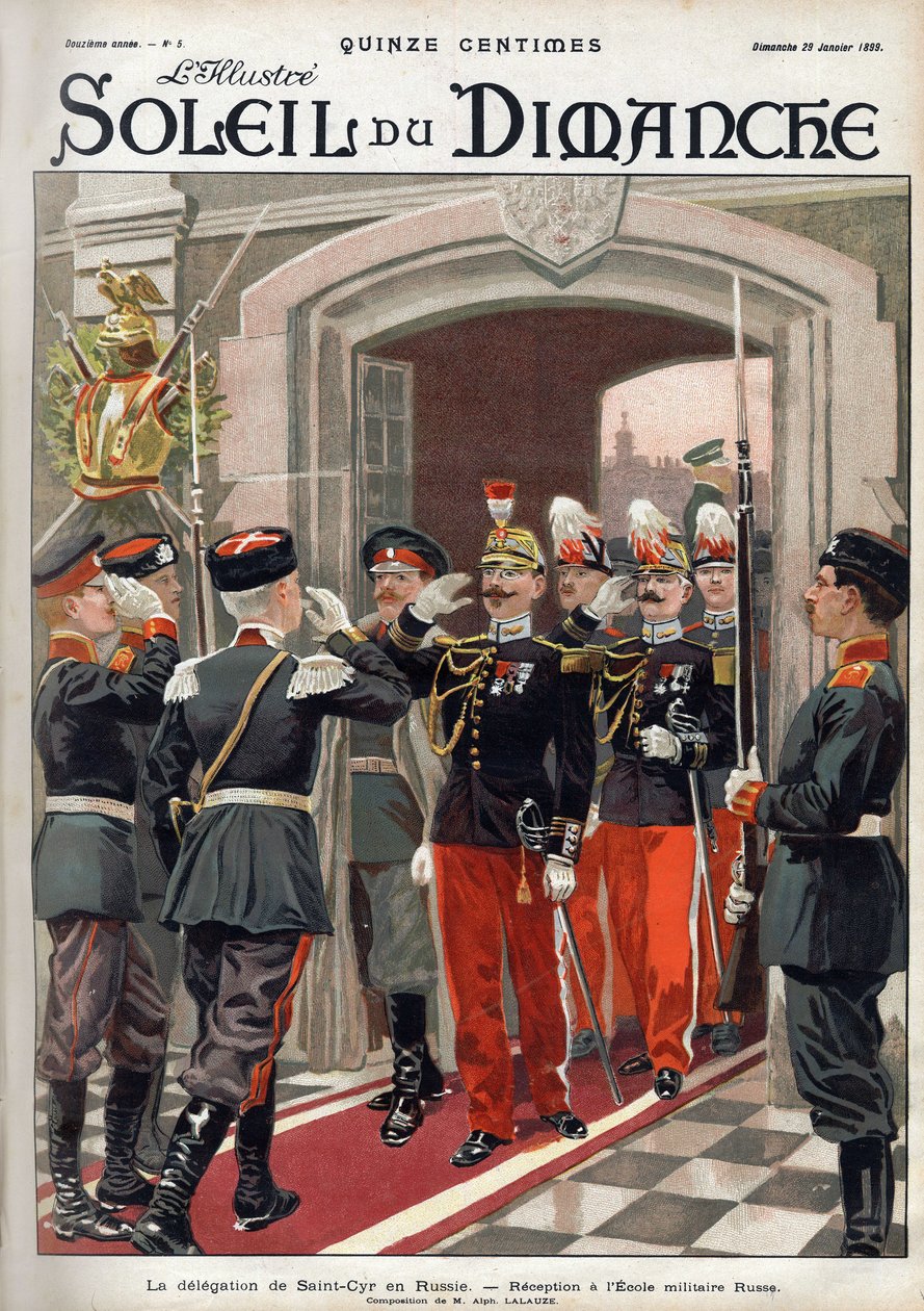 De delegatie van Saint Cyr in Rusland: ontvangst op de Russische militaire school. Gravure in 