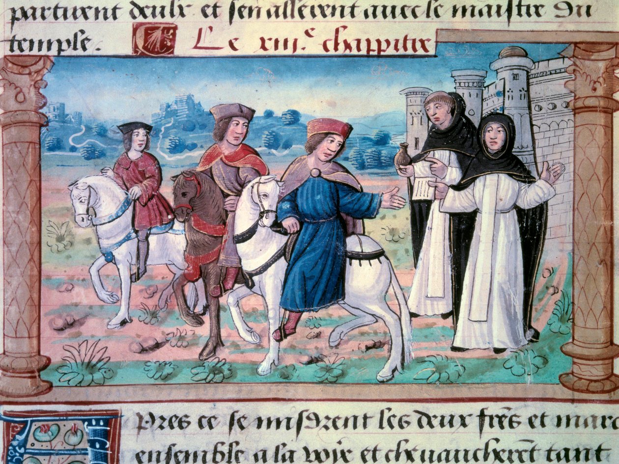 Het vertrek van de broers Nicolo en Matteo Polo, vader en oom van de jonge Marco Polo (1254-1324) met de jonge man rond 1271. Miniatuur uit 
