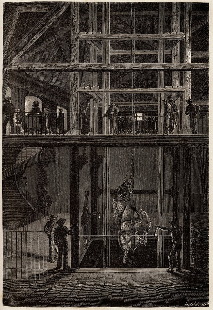 Het afdalen van een paard in de Creusot-mijnen door Unknown artist