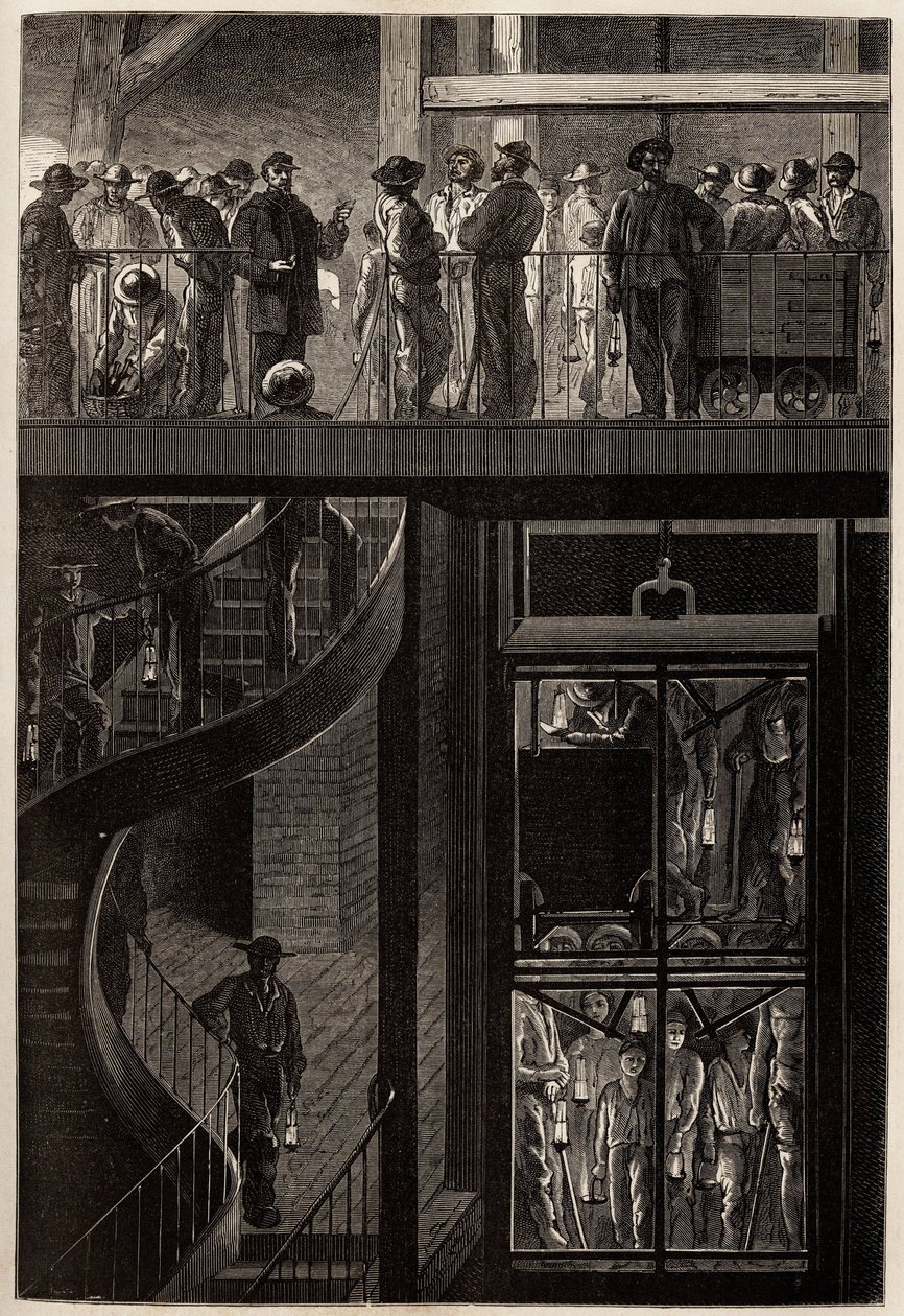 De afdaling van mijnwerkers (mannen, vrouwen en kinderen) door de liftkooi naar de ondergrondse galerijen van de Creusot kolenmijnen. Gravure ter illustratie van een reis naar de Creusot en de mijnen van Saone en Loire, in 1865, door L. Simonin, in 