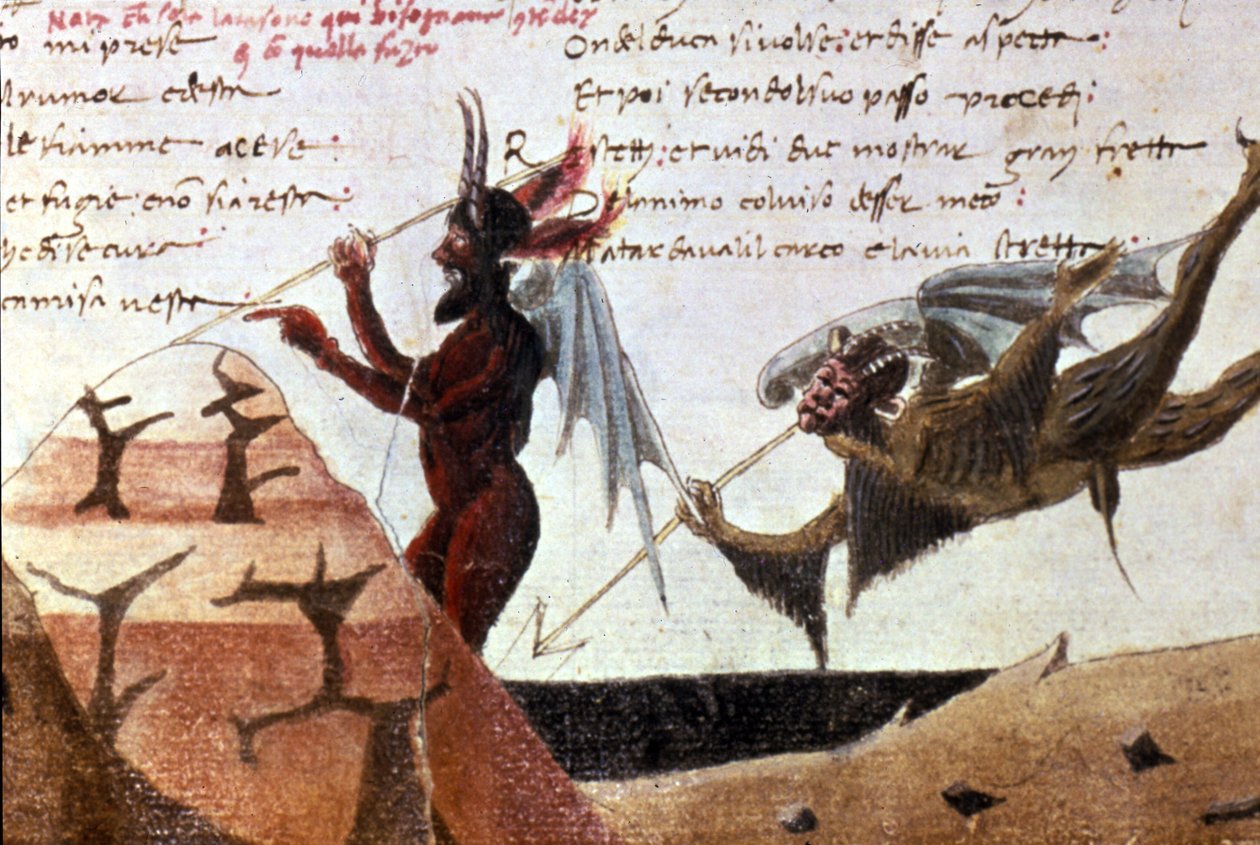 De duivels in een cirkel van de hel naar een handgeschreven editie van de Divina Commedia (Goddelijke Komedie) door Dante Alighieri (1265 - 1321) uit de 14e eeuw. Bibl.Trivulziana Milaan. door Unknown artist