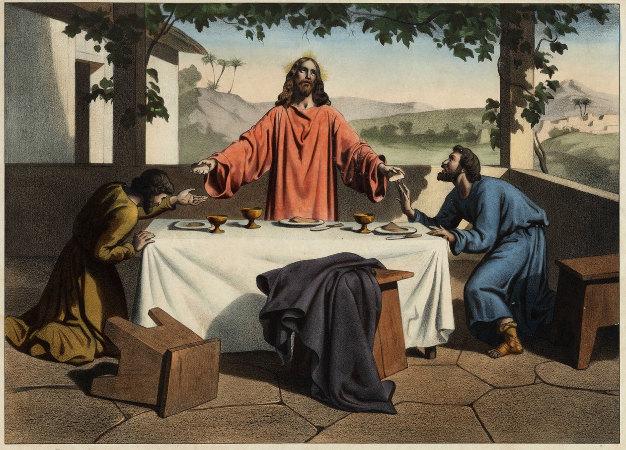 De discipelen van Emaus (Emmaus) ontmoeten de verrezen Christus op de avond van Pasen, die brood deelt. Anonieme gravure uit het midden van de 19e eeuw door Unknown artist