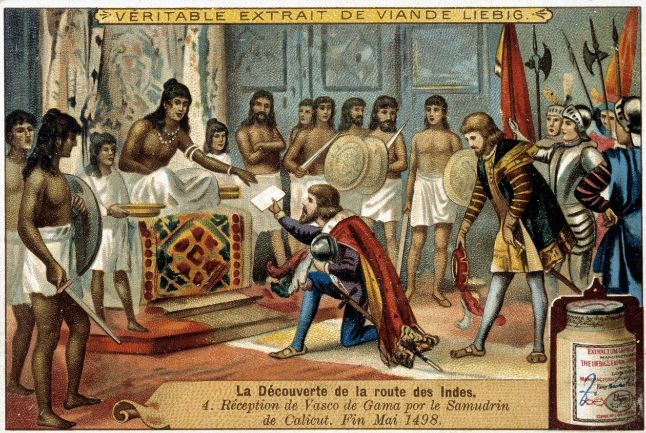 De ontdekking van de route naar Indië: Ontvangst van Vasco de Gama door de Samudrin van Calicut, eind mei 1498 - reclamevignet Liébig door Unknown artist