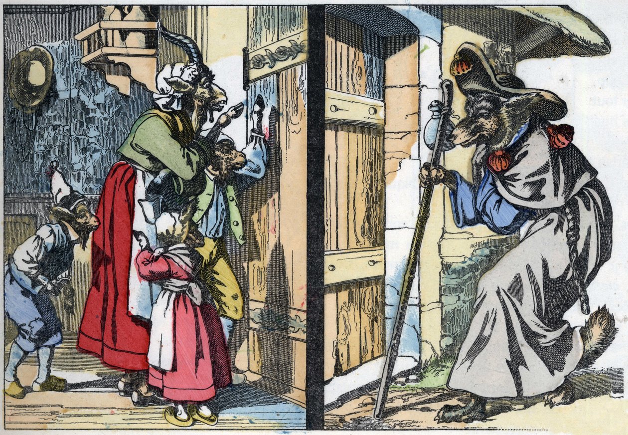 De vermomde wolf klopt op de deur van het huis met de geit en de biquets. Illustratie van het sprookje 