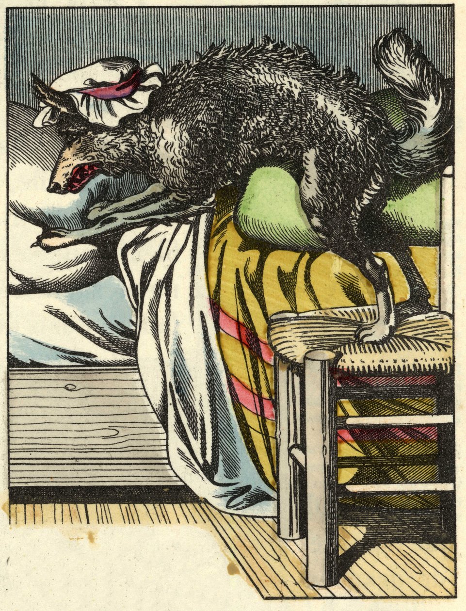 De vermomde wolf neemt de plaats van oma in bed. Illustratie van het sprookje 