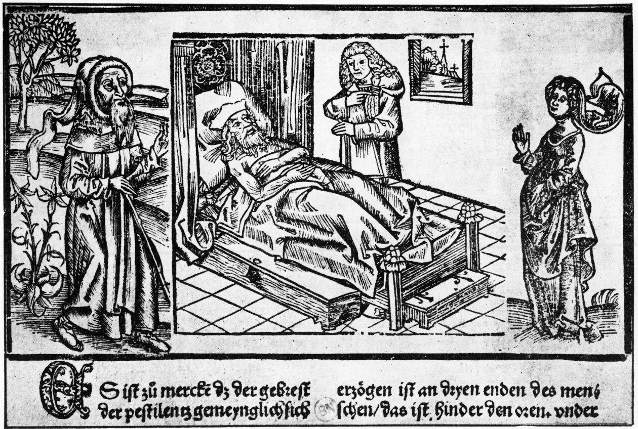 De dokter in bed van de pestlijder, houtsnede uit de "Liber pestilentialis" door Jérôme Brunschwig, Straatsburg door Unknown artist