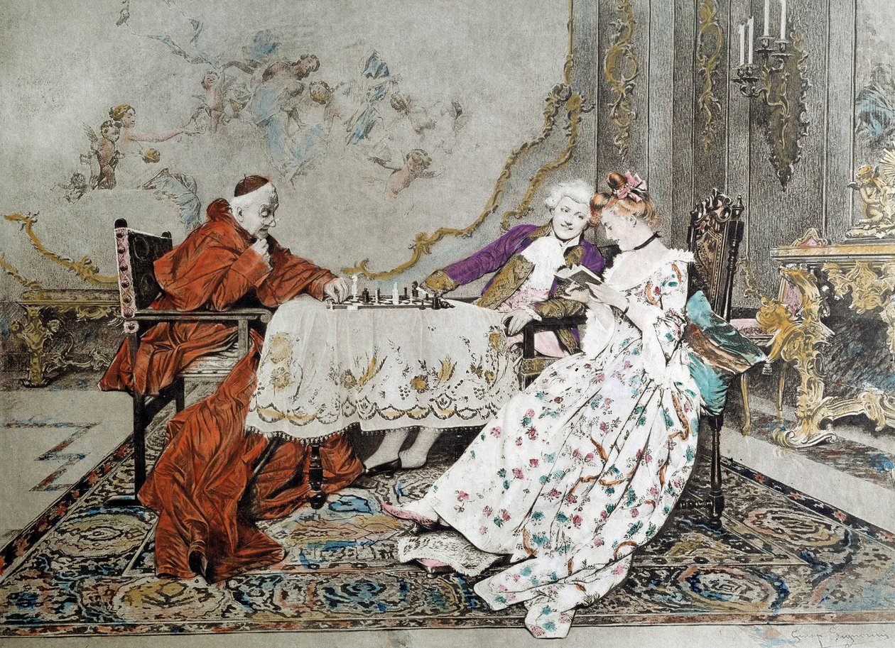 Het dubbele spel. Een kardinaal speelt een schaakspel tegen een jonge man die een verleidingsspel speelt met een jonge vrouw naast hem. Illustratie uit de 19e eeuw. Parijs, Decoratieve Kunsten door Unknown artist