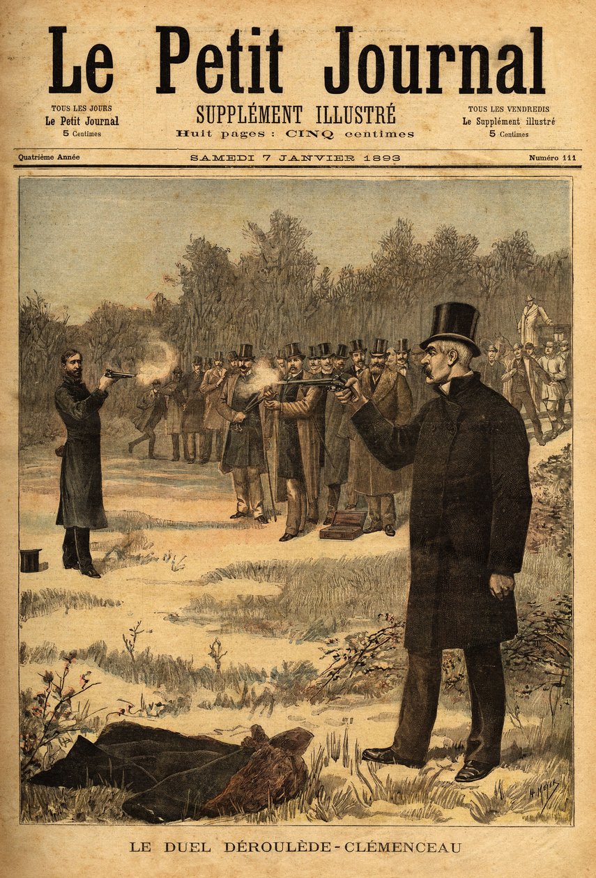 Het duel met het pistool (verboden in Frankrijk sinds 1626) tussen afgevaardigden Paul Deroulede (1846-1914) en Georges Clemenceau (1841-1929), geen schade. Gravure in Le petit journal 7/01/1893. Selva