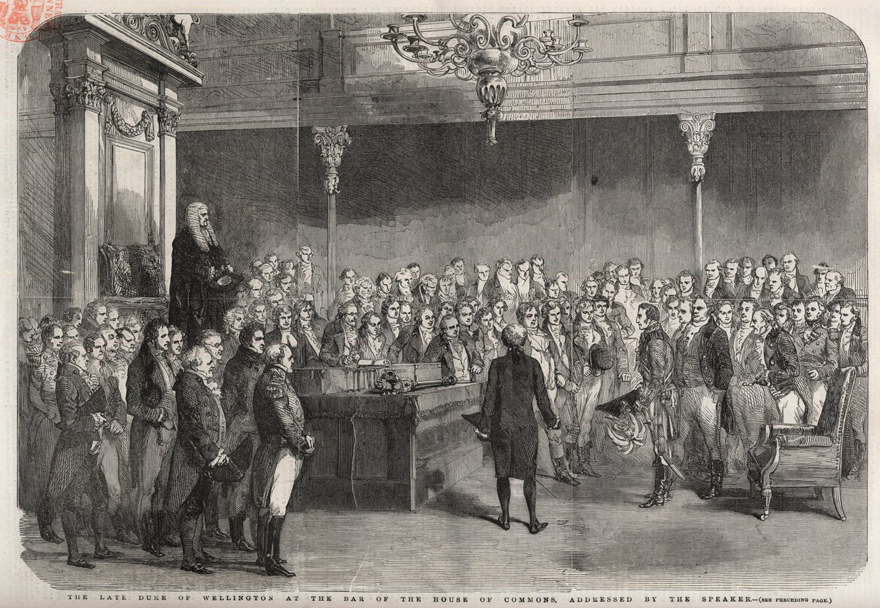De hertog van Wellington (Arthur Wellesley (1769-1852)) staat aan de bar van het Lagerhuis om de felicitaties van de voorzitter te ontvangen voor zijn overwinning bij Vimeiro, Peninsulaire Oorlog door Unknown artist