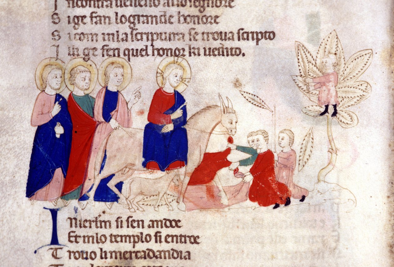De intocht van Christus in Jeruzalem. Miniatuur uit de 14e eeuw. door Unknown artist