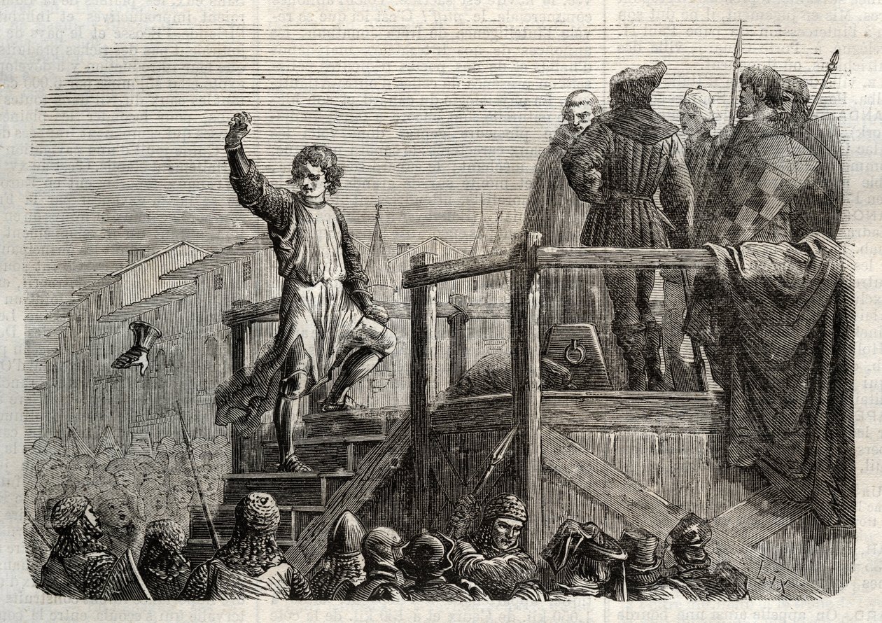 De executie van Conradin, koning van Sicilië en hertog van Zwaben (1252-1268) door bevel van Karel van Anjou na de slag bij Tagliacozzo in 1268 door Unknown artist