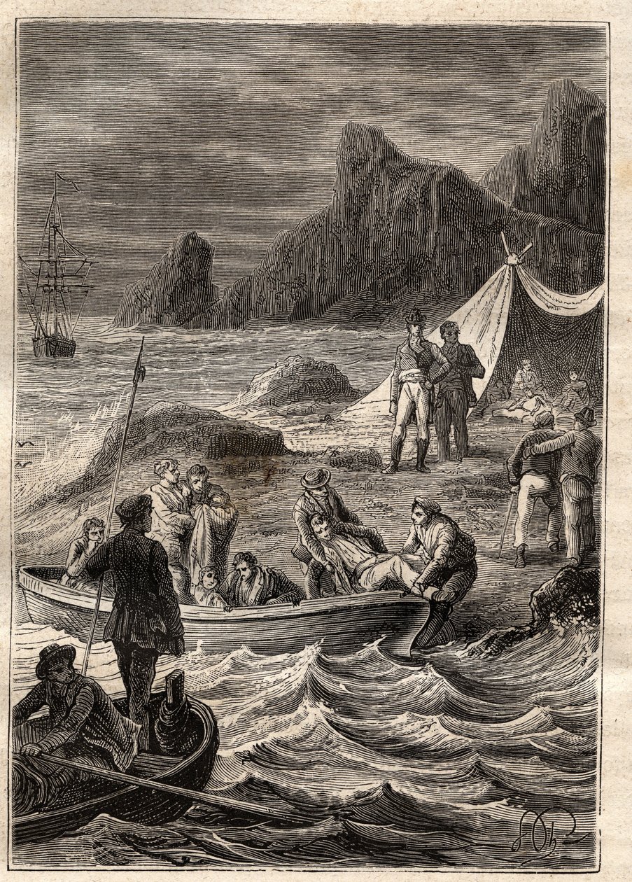 De expeditie naar de zuidelijke landen (1800-1803) door Nicolas Baudin (1754-1803): de zieken van scheurbuik werden aan land gebracht in de Bay of Adventure (Tasmanië, Australië) - illustratie uit 