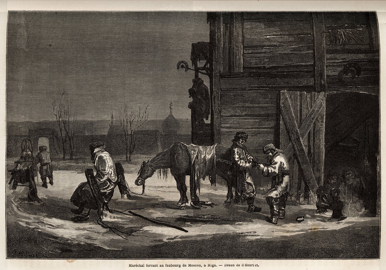 De hoefsmid in de buitenwijk van Moskou. Illustratie van zijn reis naar de Russische Baltische provincies in 1851-54. Gravure in 
