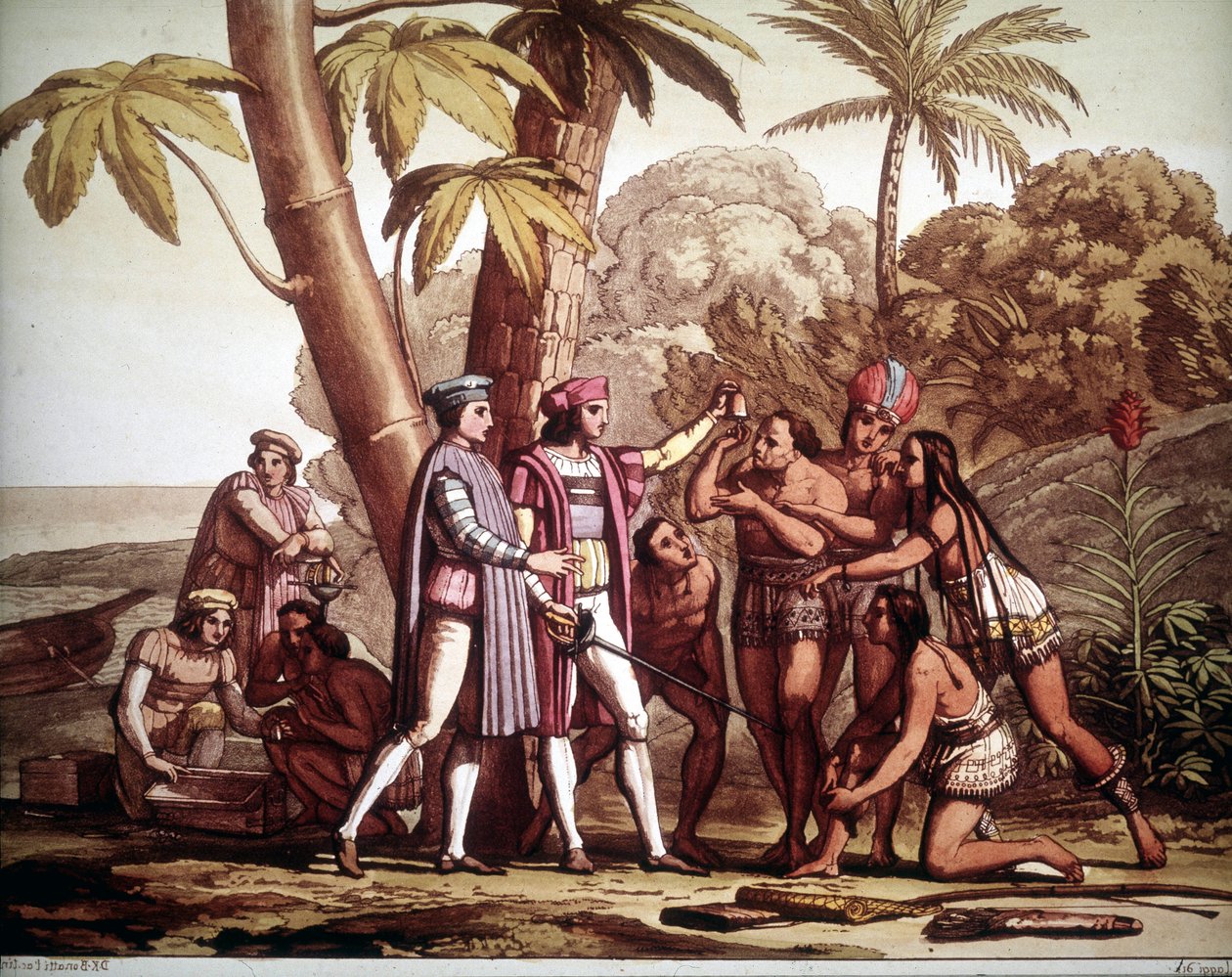 De eerste Indianen die verschenen aan Christoffel Columbus bij zijn aankomst in Amerika, - in 