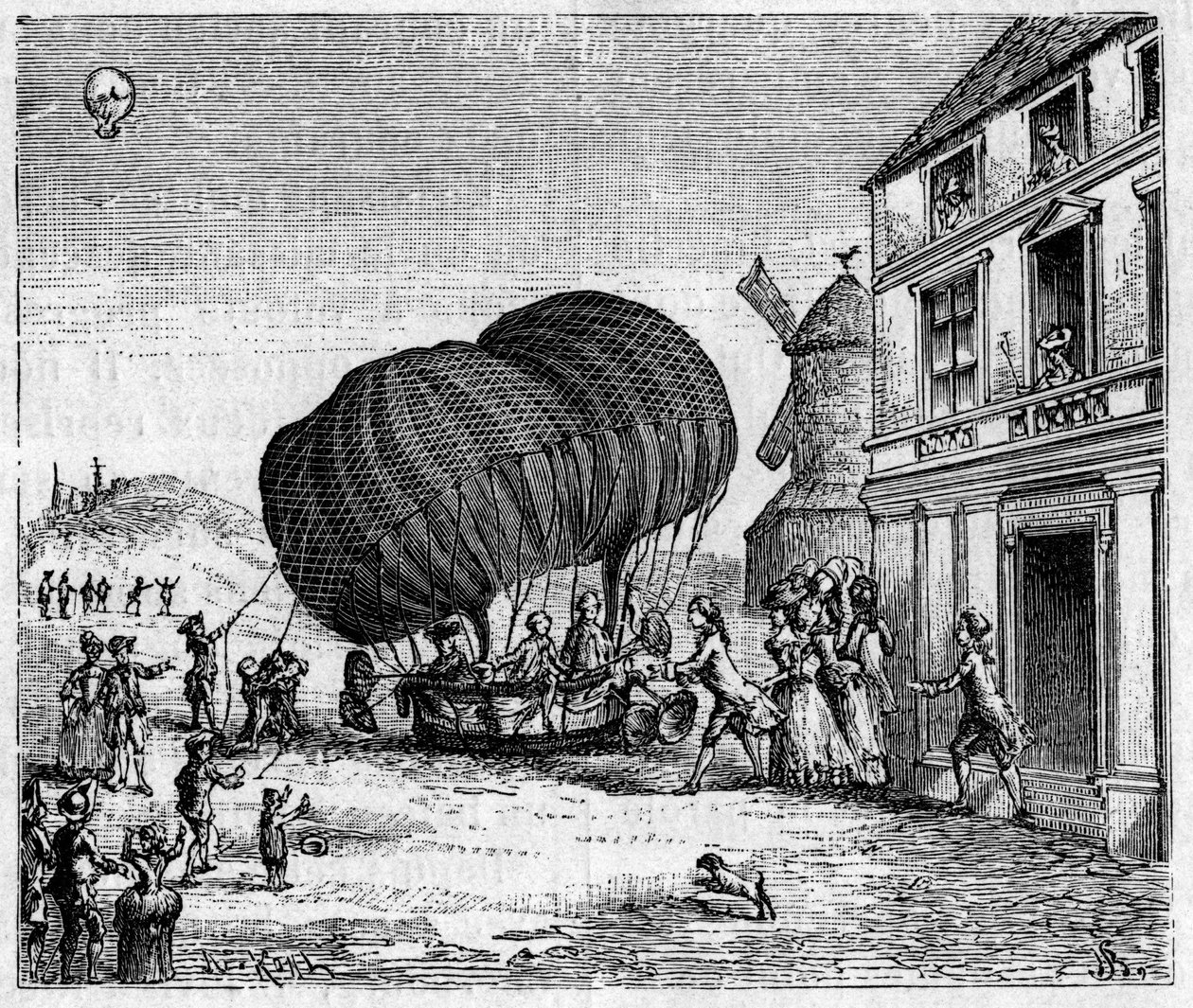 De eerste verlengde aerostaat van de gebroeders Robert voor het kasteel van de Prins van Ghistelles op 19 september door Unknown artist
