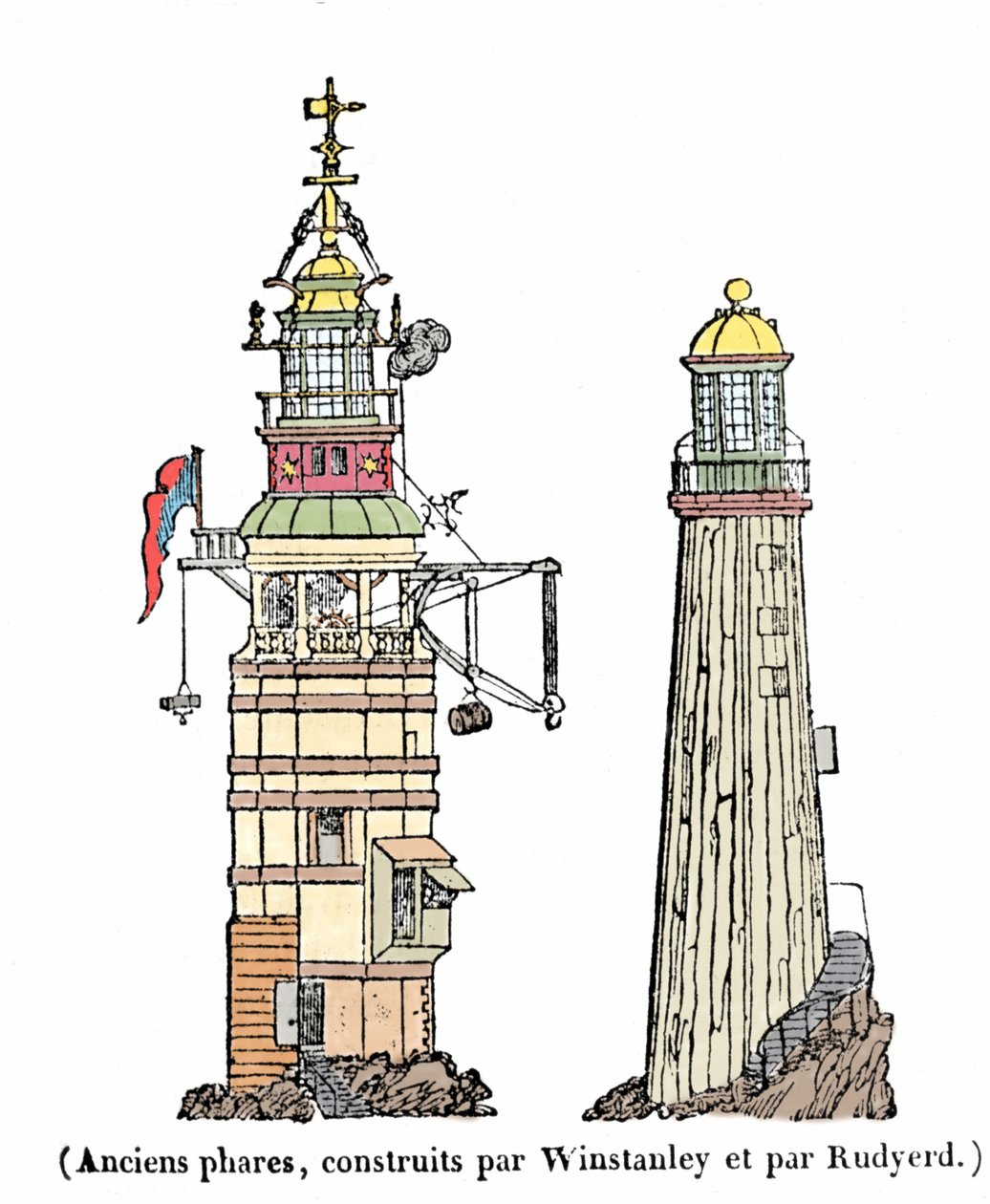 De eerste en tweede vuurtoren in Eddystone. De eerste, gebouwd in 1696, verdween op een stormachtige nacht in 1703; de tweede stortte in 1775 in door een brand door Unknown artist