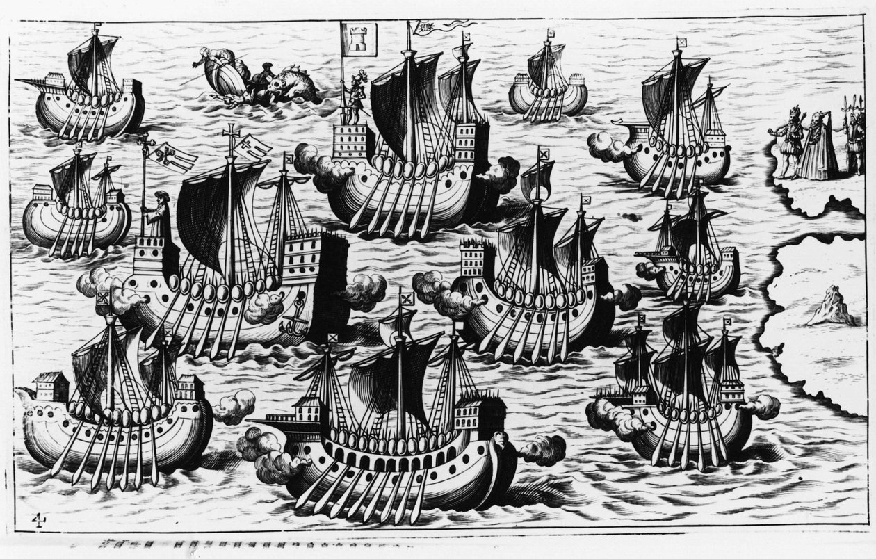 De vloot van Christoffel Columbus om de nieuwe wereld te veroveren - in Nova Tipus Transacto Navigatio Novi Orbi door Philoponus Honorius door Unknown artist