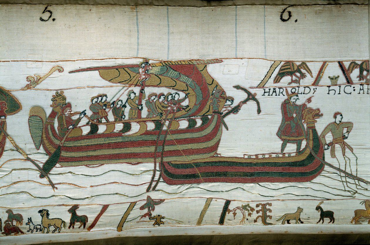 De vloot van Harold, die de hertog van Normandië Willem de Veroveraar (1027-1087) kwam informeren dat hij de opvolger van de Engelse kroon zal zijn na de dood van Eduard de Belijder, wordt gevangen in de storm die hem op de kusten van Graaf Guy de P werpt door Unknown artist