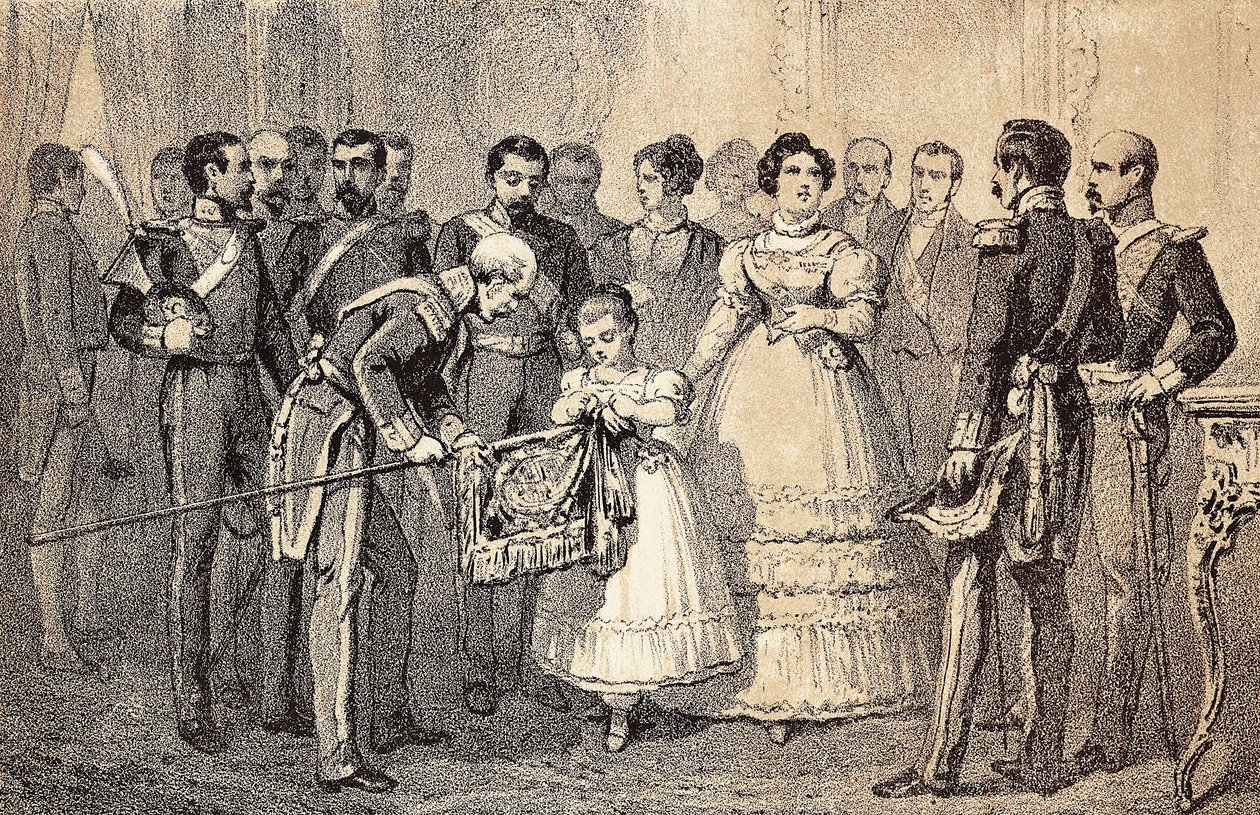 De toekomstige koningin van Spanje Isabella II (Isabella van Bourbon) (1830-1904) (Isabel II van Spanje) decoreert de vlag van de Speren van de Garde van de Orde van Sint Ferdinand (San Fernando). Lithografie. door Unknown artist