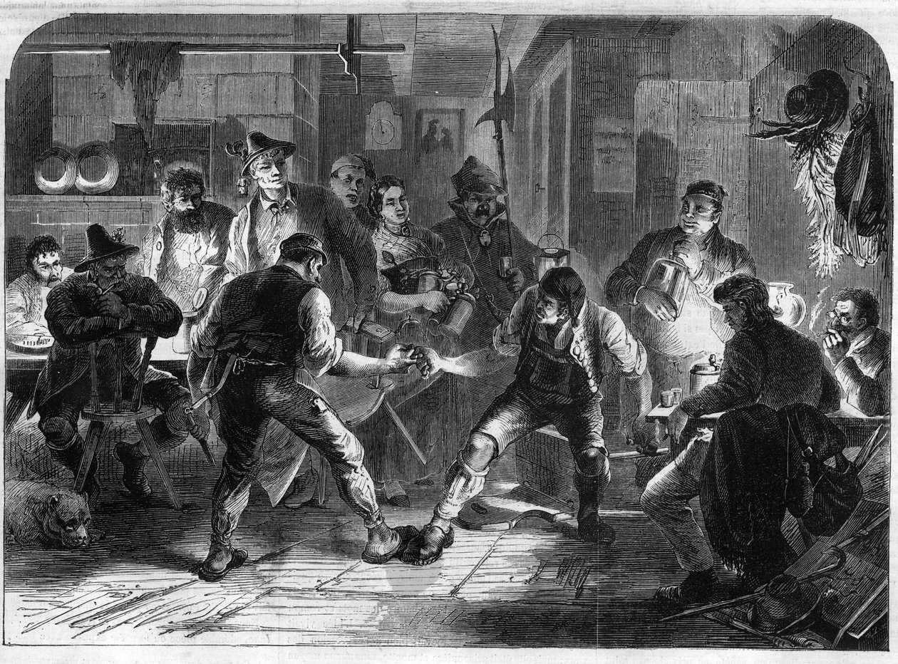 Het spel van Hakeln in een dorp in Hoog-Beieren in Duitsland. Gravure in "The Illustrious Universe" door Unknown artist