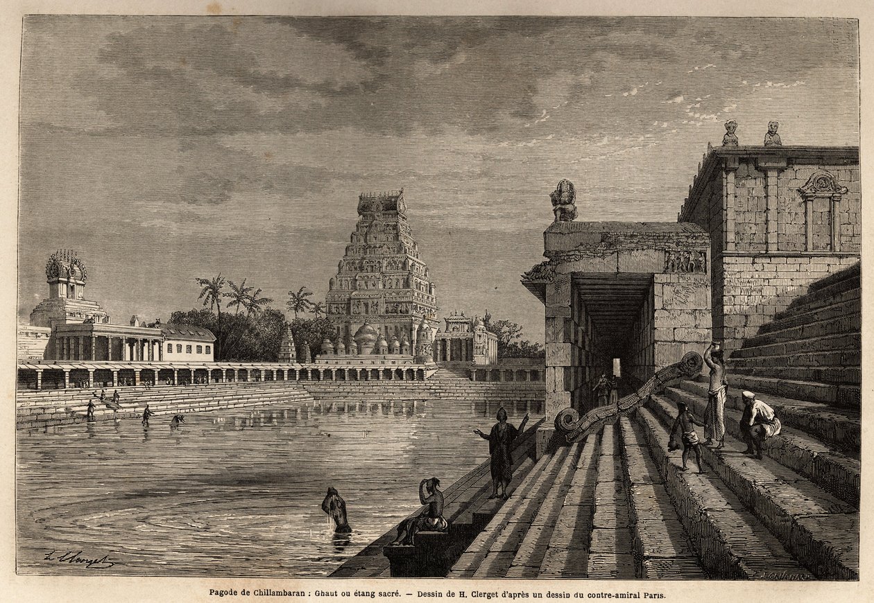 De ghat of heilige vijver van de Chillambaran-pagode, gelegen aan de Golf van Bengalen, nabij Pondichery (Pondicherry) (India); enkele gelovigen dalen de monumentale trap af om een bad te nemen of reinigende ablutions uit te voeren. Gravure ter illustratie door Unknown artist