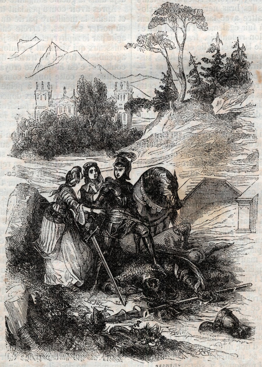 De reus Eriphile verslagen door Roger - gravure uit 1851 van 