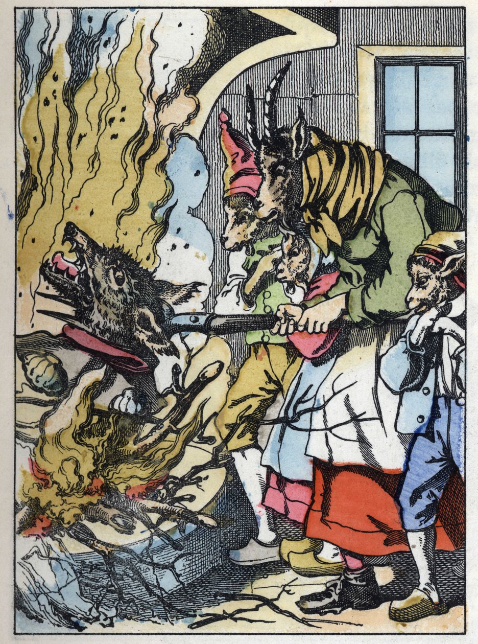 De geit doodt de wolf in de schoorsteen. Illustratie van het sprookje 