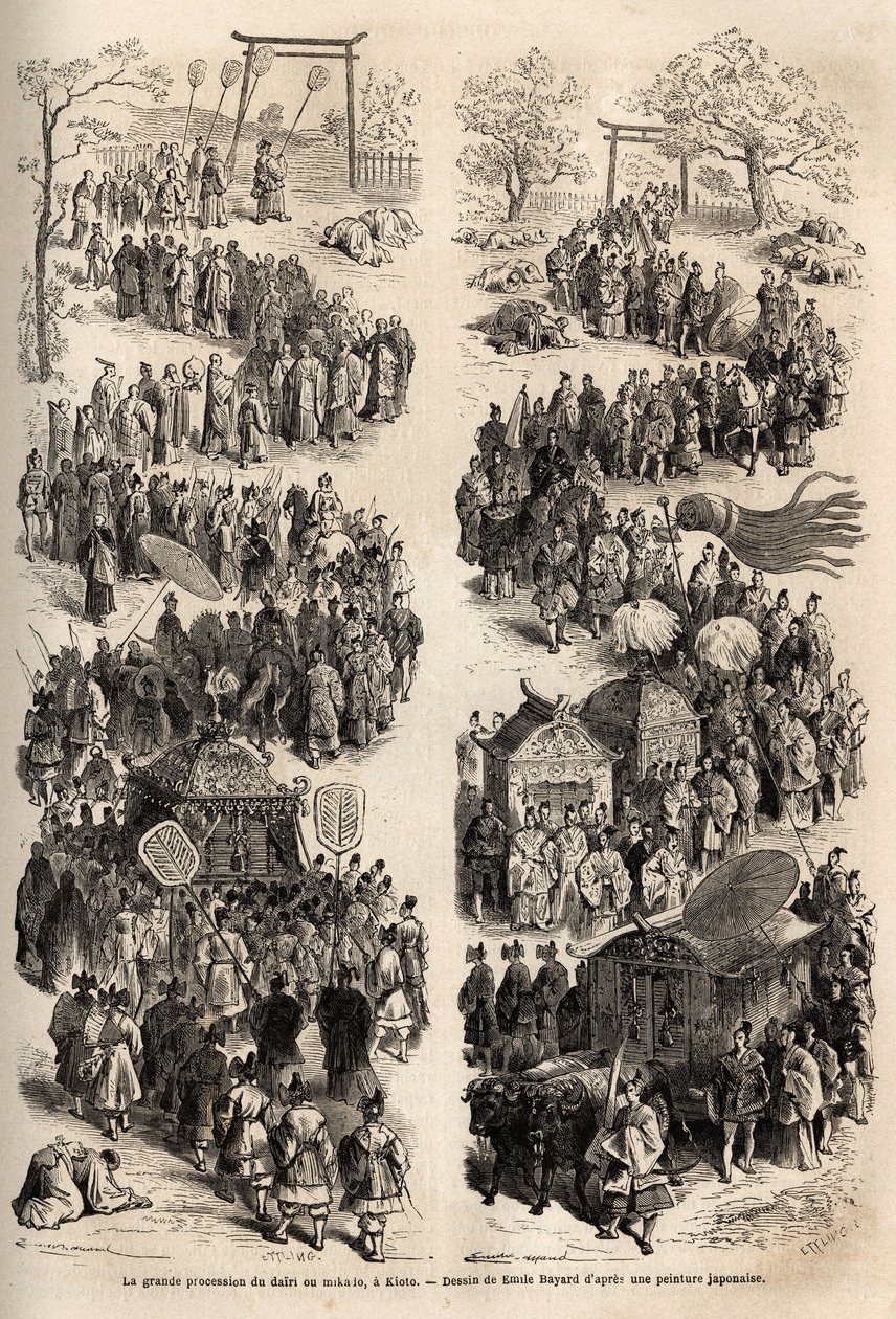 De grote processie van de Mikado (Keizer van Japan), in de dairi, het oude keizerlijke kasteel van Heian-kyo (Heian Kyo, het huidige Kyoto) van 794 tot 1869. Gravure ter illustratie van de reis naar Japan in 1863-1864, door Aime Humbert, minister van de Zw door Unknown artist