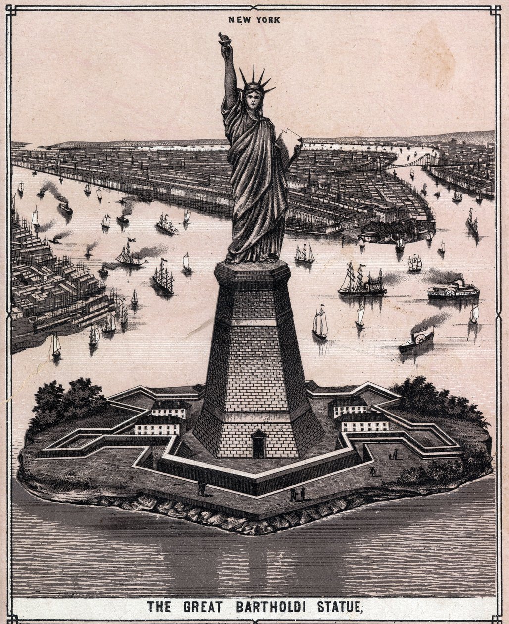 Het grote Bartholdi-standbeeld in New York, VS in 