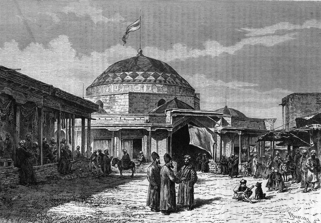 De grote bazaar van Samarkand (Samarqand of Samarkand) in Oezbekistan in de 19e eeuw. Gravure in 