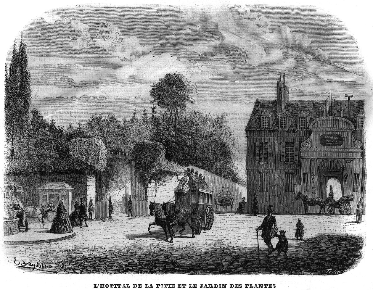 Het ziekenhuis van Pitie Salpetriere en de plantentuin in Parijs in 1858. door Unknown artist