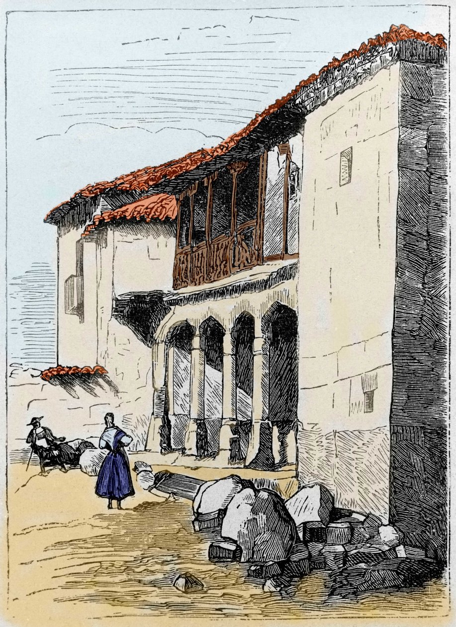 Het huis van Sante de Valcuebo in Salamanca waar Christoffel Columbus zijn eerste conferentie hield (gravure uit de 19e eeuw) door Unknown artist