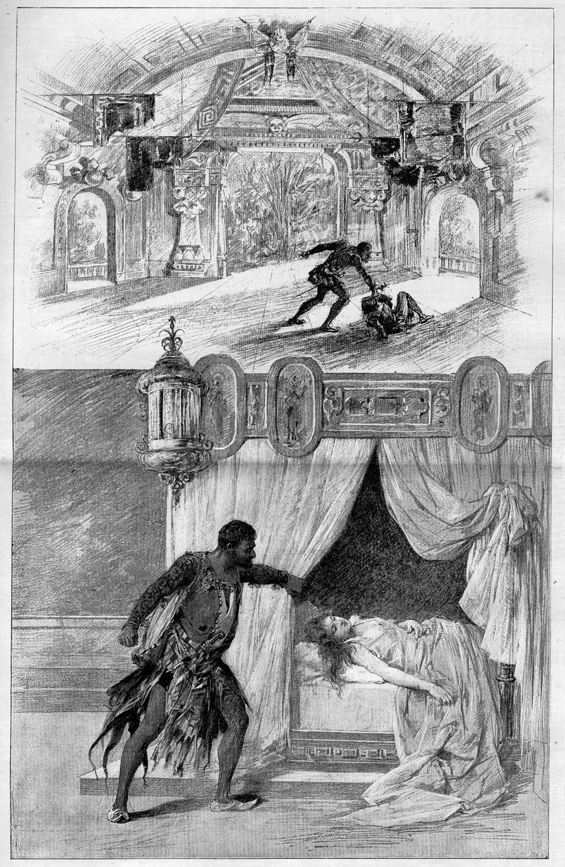 Het illustere theater: Otello (Othello), opera van Giuseppe Verdi (1813-1901), Italiaanse componist, opgevoerd in het Scala Theater in Milaan op 12 februari. Gravure in 