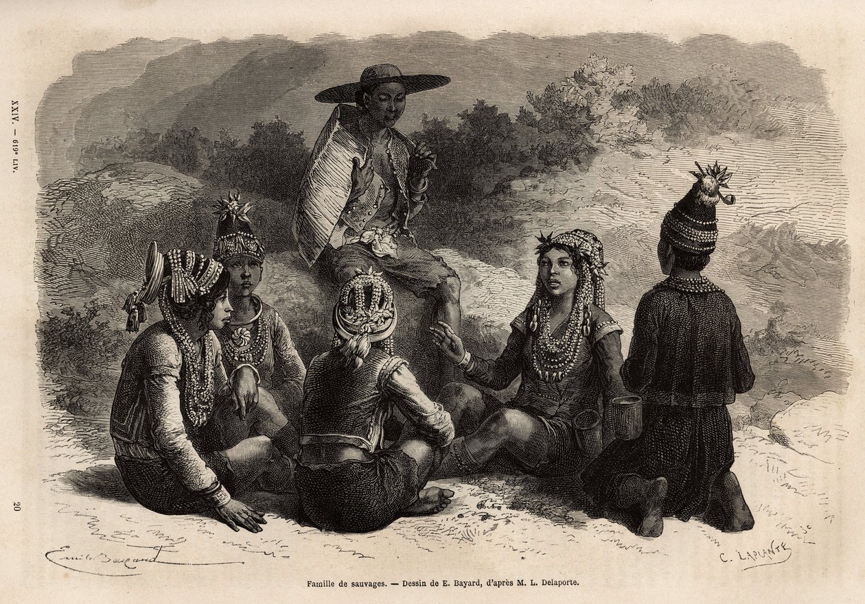 De inheemse bevolking van Xieng Hong (Laos), gekleed in traditionele kostuums, over hun jas, een fluwelen borststuk met versieringen, met een rok of korte broek compleet met een kleine versierde pet. Gravure ter illustratie van de ontdekkingsreis in Indoch door Unknown artist