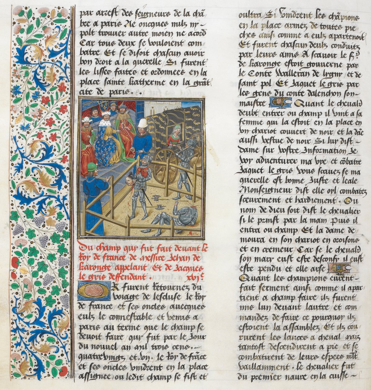 Het gerechtelijk duel van Jacques le Gris en Jean de Carrouges. Bloemenrand. door Unknown artist