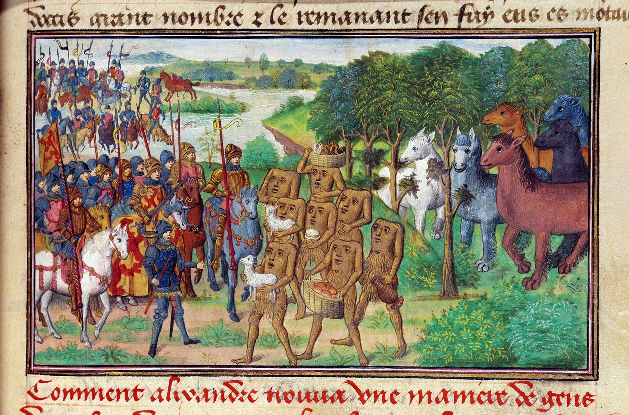 De koning van Macedonië Iskandar (of Alexander de Grote) (356 - 323 v.Chr.) ontmoette monsters die hem geschenken gaven door Unknown artist