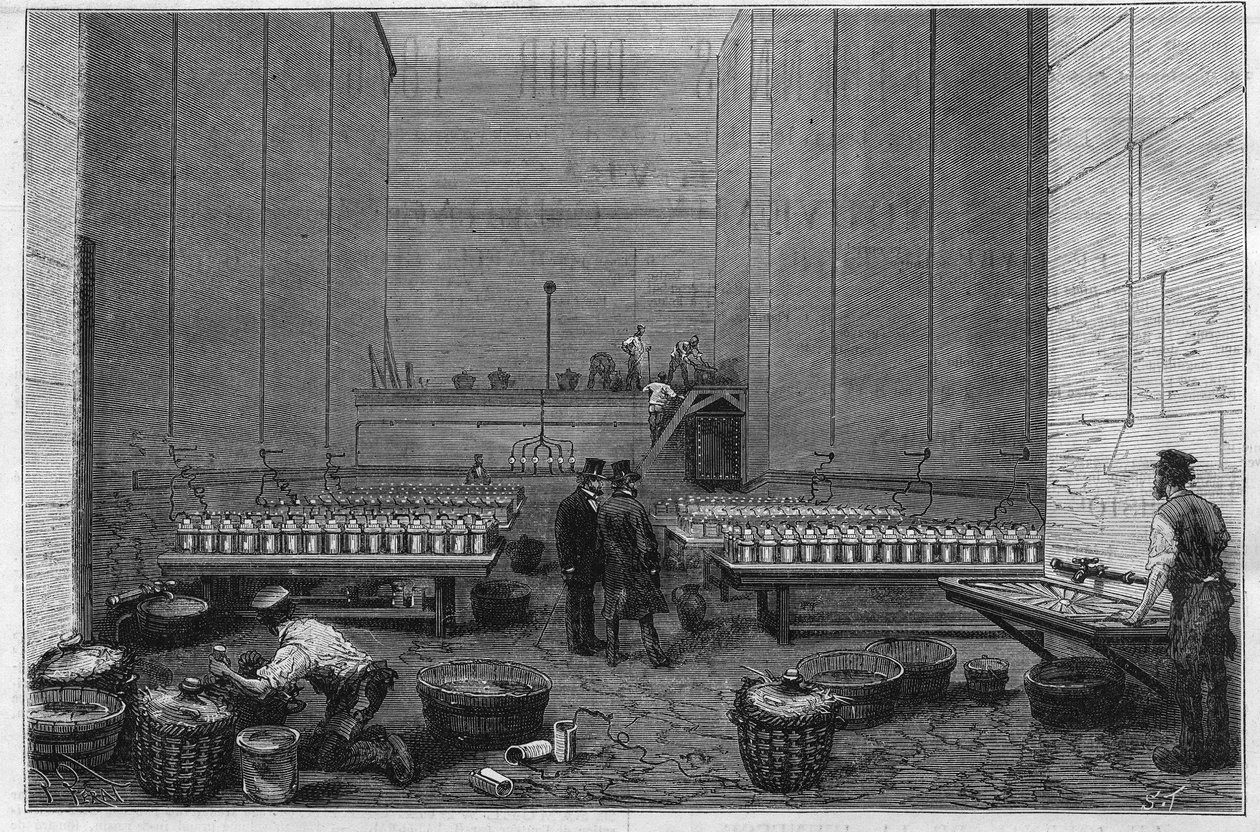 De grote elektriciteitskamer van de Opera Garnier waar tweehonderd Bunsen-batterijen de stralen van de elektrische zon projecteren door Unknown artist