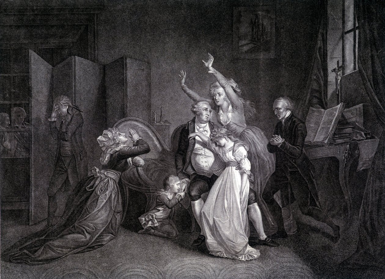Het laatste gesprek van Lodewijk XVI met zijn familie (Marie Antoinette en Lodewijk XVII). Gravure uit de 19e eeuw door Unknown artist