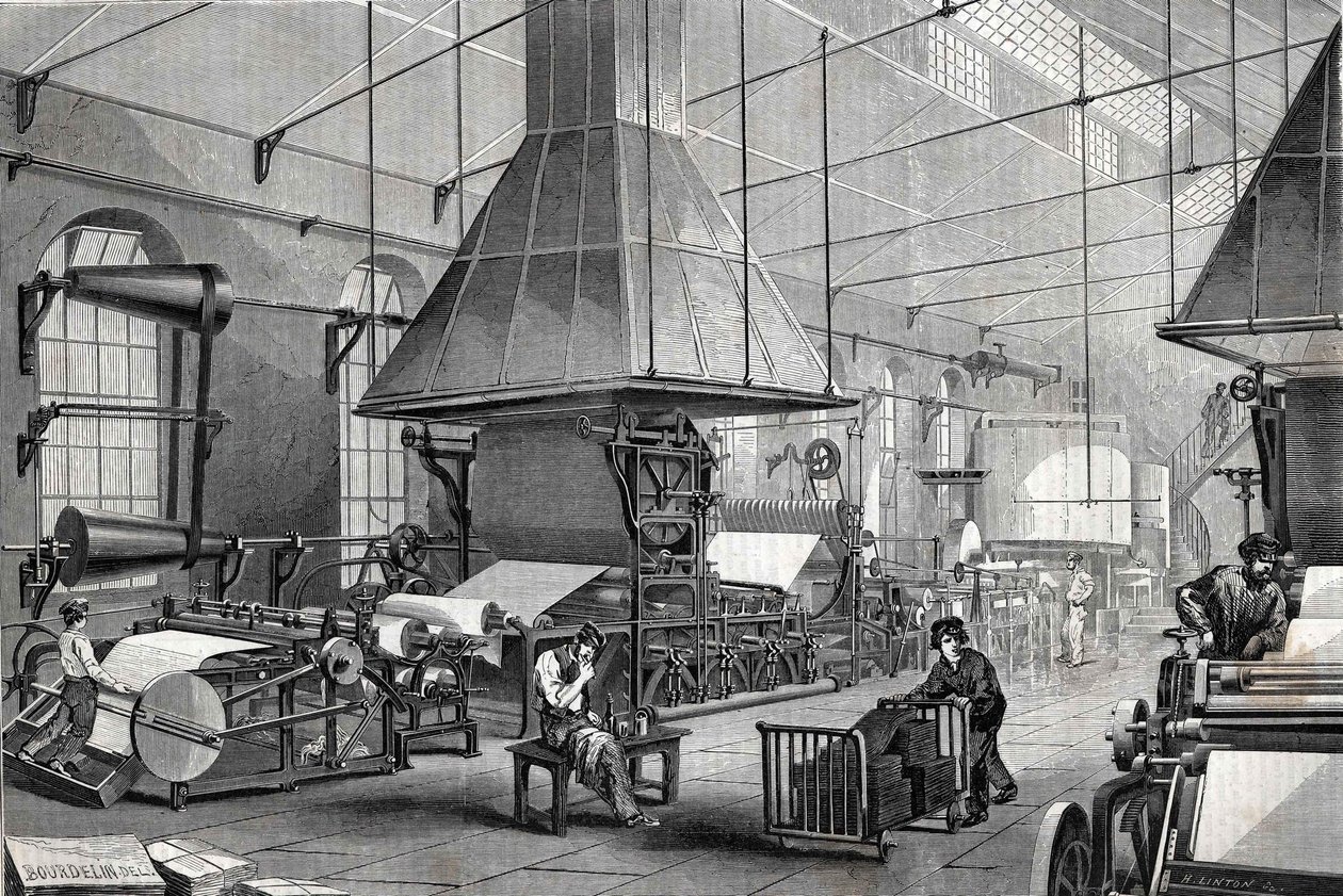 De machineruimte van een papierfabriek. Gravure door Unknown artist