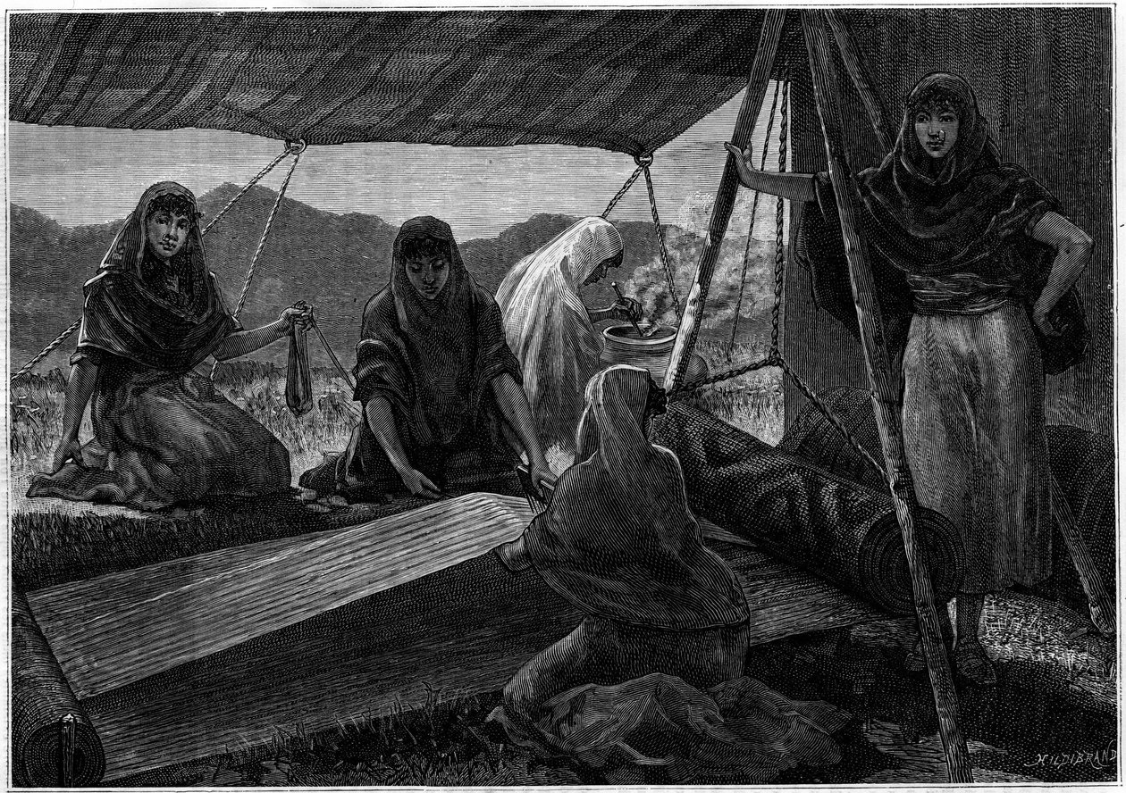 De vervaardiging van tapijten door nomadische vrouwen van Perzië. Gravure in het tijdschrift "La jeunesse" door Unknown artist