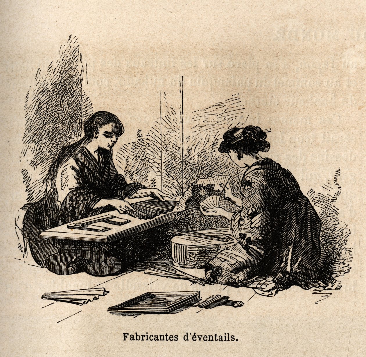 De vervaardiging van waaiers. Gravure ter illustratie van de reis naar Japan in 1863-1864, door Aime Humbert, minister van de Zwitserse Confederatie, in 