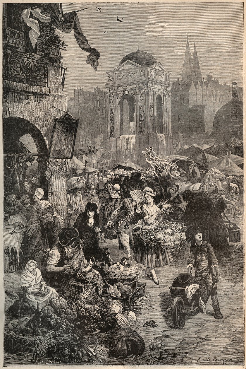 De markt en de fontein van de Onschuldigen, Parijs in de 18e eeuw - gravure van de 19e eeuw door Unknown artist