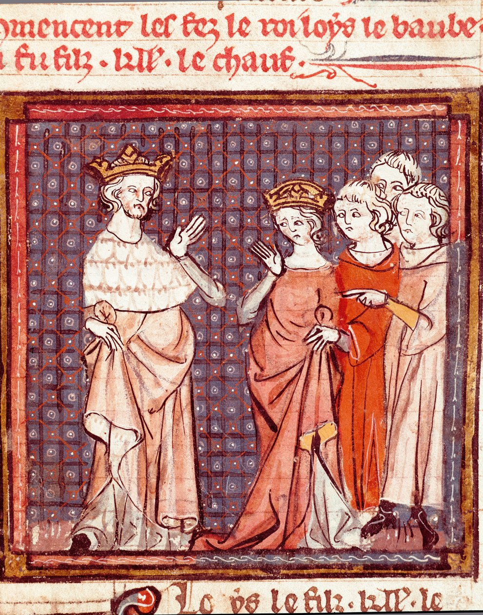 Het huwelijk van Lodewijk II de Stamelaar (846-879) koning van de Franken en Adelaide van Friuli in 875. Miniatuur uit 