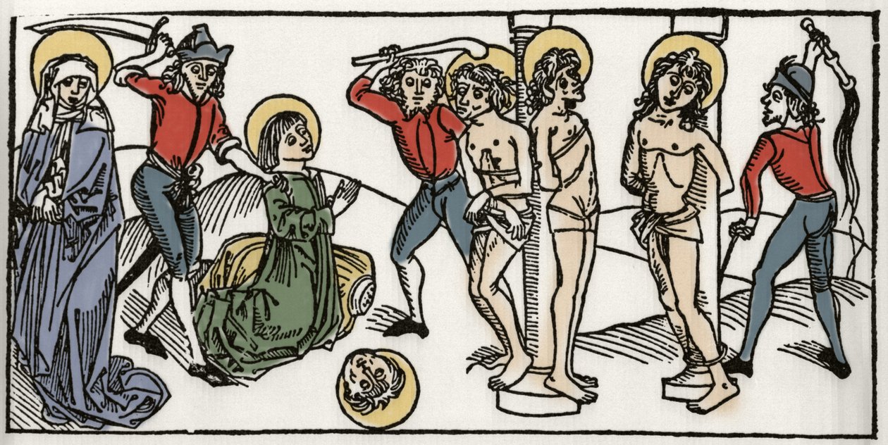Het martelaarschap van Sint Felicitas en zijn zeven zonen van Rome. Gravure uit 