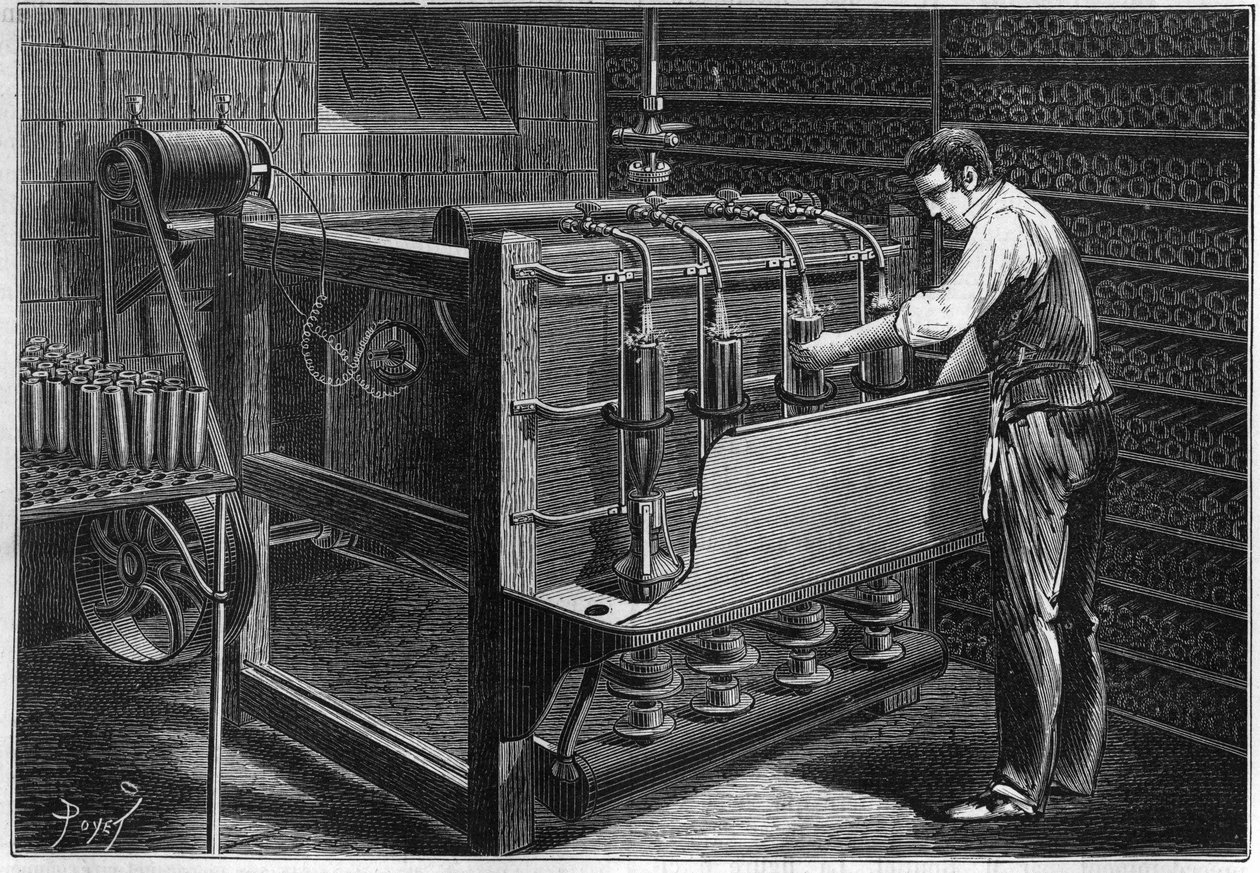 De mechanische installatie van M. Marguery, restaurateur, in Parijs: automatische flessenwasmachine, weergegeven als bediend door een kleine dynamo-elektrische machine van Gram (Zenobe Theophile Gram 1826-1901). Gravure in 