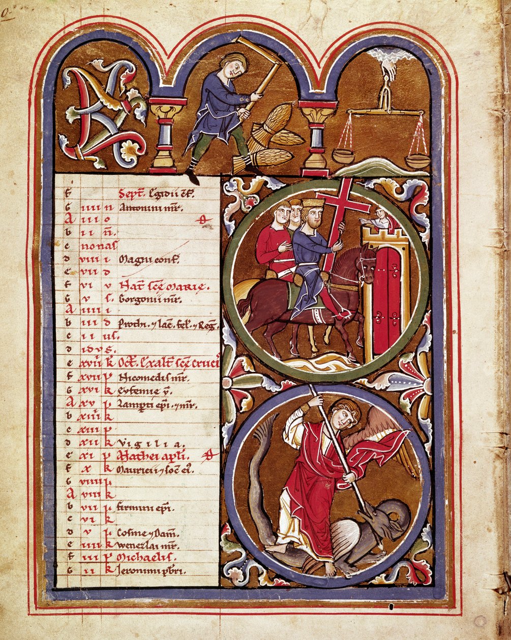 De maand september, landbouwarbeid, het feest van de verheffing van het kruis, St. George verslaat de draak (manuscriptpagina uit het Psalter van Sint Elizabeth) door Unknown artist