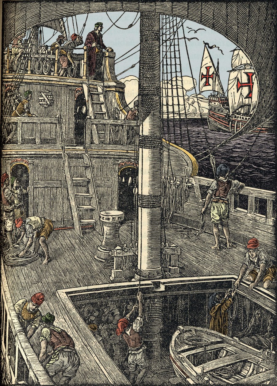 De navigator Christopher Columbus (1451-1506) aan boord van zijn karveel. door Unknown artist