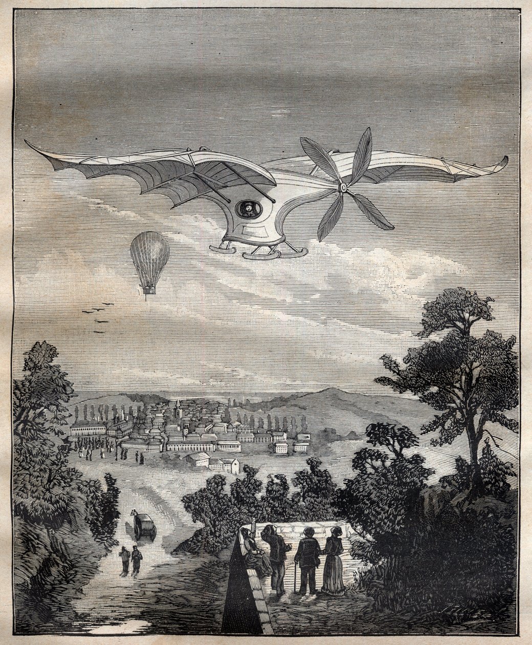 De nieuwe aerostaten: de vogel van Clément Ader (1841-1925), de Eole, tijdens een experiment in het park van Eugène Pereire nabij Parijs in 1891, het zou 15 m boven de grond hebben gevlogen - Gravure in 