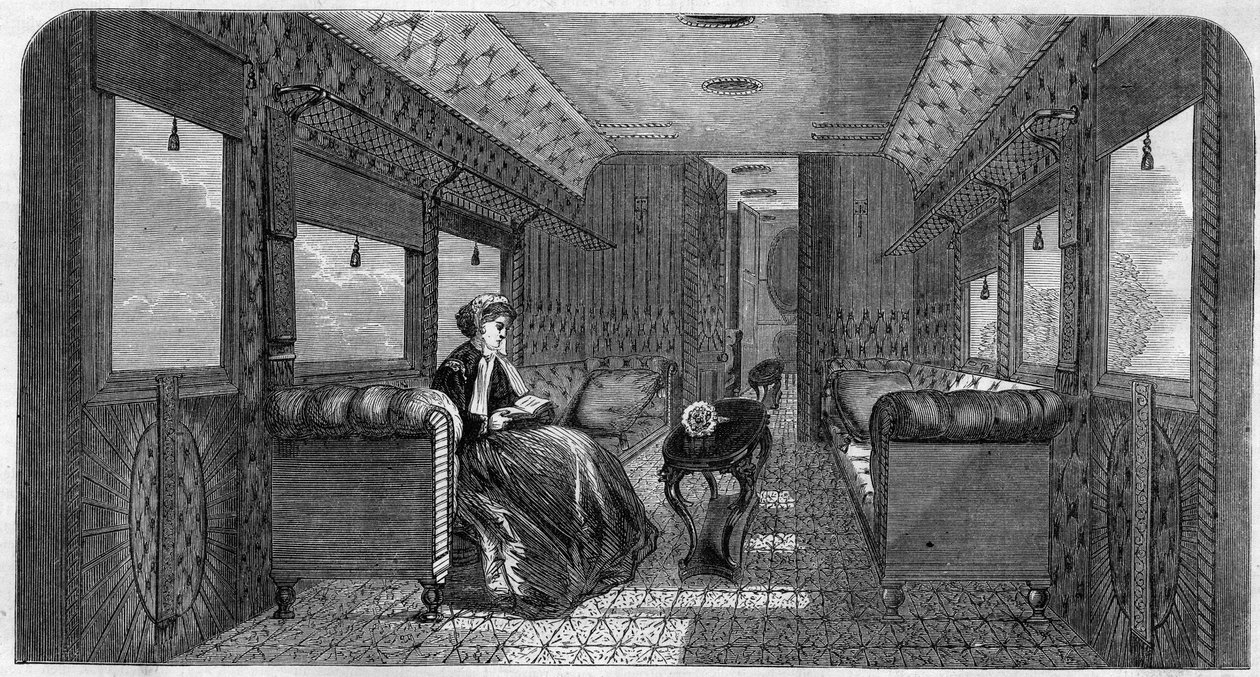 De nieuwe wagen van Hare Majesteit de Prinses van Wales voor haar treinreis. Gravure in The Illustrous Universe door Unknown artist