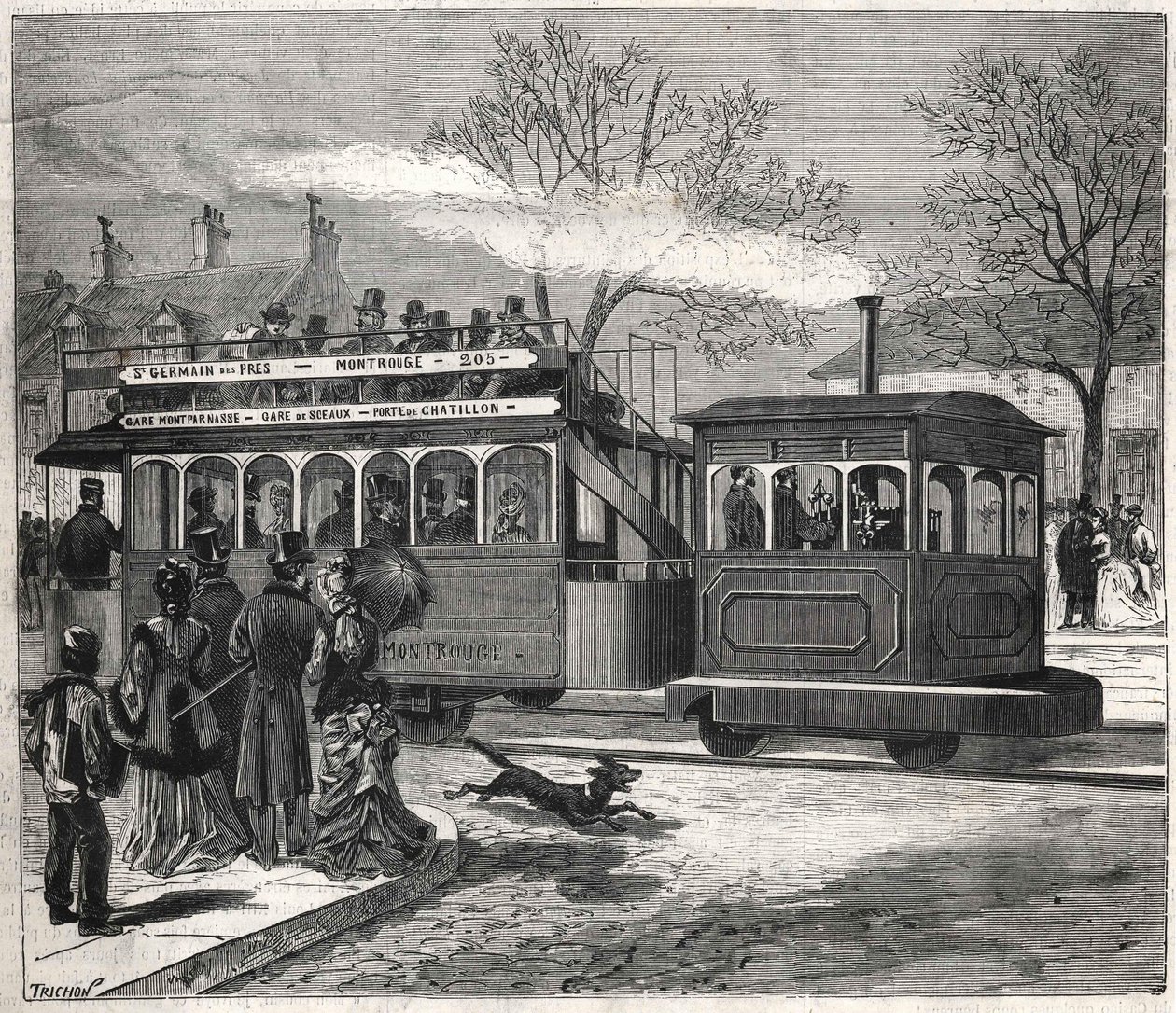 De nieuwe stoomtrams in Parijs in 1876 rijden op de lijn van Saint-Germain-des-Prés bij de poort van Chatillon, gravure Bianchetti collectie. door Unknown artist